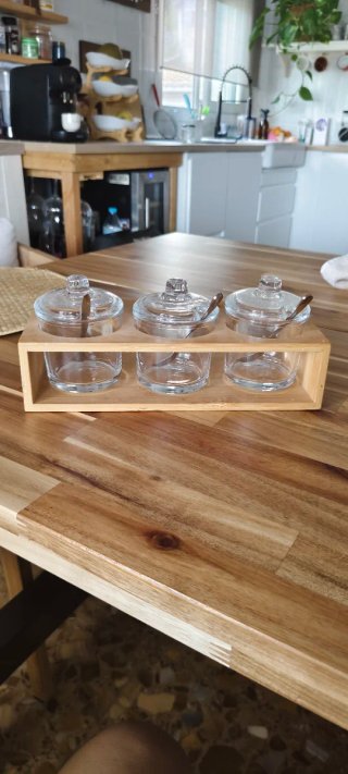 Azucarero de cristal con cuchara y soporte