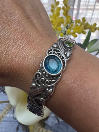 Brazalete Plata S925 con Piedras Azules y Verdes