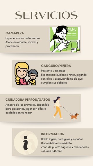 Busco trabajo camarera, canguro, cuido de mascotas