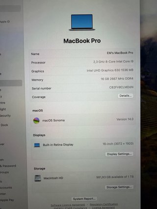 MacBook Pro 16" 2019 i9 16GB RAM 1TB SSD