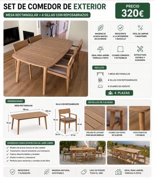 Mesa y 4 Sillas Exterior Madera