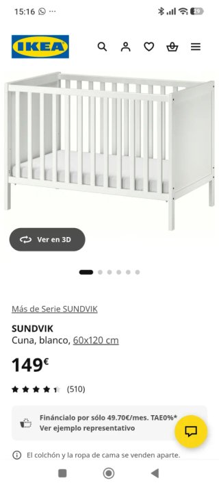 Cuna SUNDVIK blanca 60x120 cm + colchón