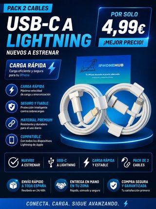 Pack 2 Cables iPhone USB-C-Lightning carga rapida