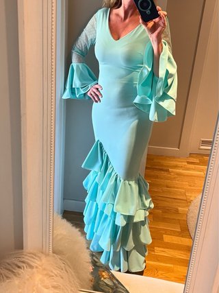 Vestido Flamenca/Sevillana Verde agua mang plumeti