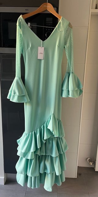 Vestido Flamenca/Sevillana Verde agua mang plumeti