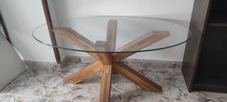 Mesa centro cristal patas madera