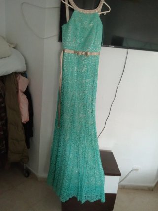 Vestido largo encaje verde turquesa sirena