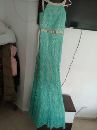 Vestido largo encaje verde turquesa sirena