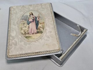 Cajas antiguas tela imágenes religiosas