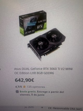 Tarjeta Gráfica Asus RTX 3060 Ti V2 OC 8GB