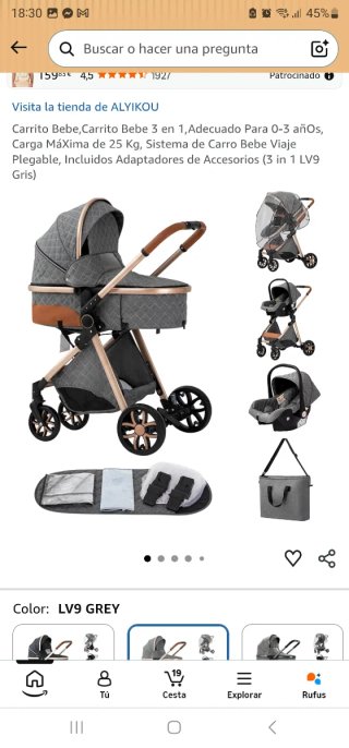 Carrito Bebé 3 en 1 Gris