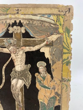 Antiguo grabado religioso bordado siglo XVIII