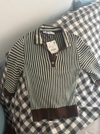 Polo Zara Rayas Marrón y Verde Talla M