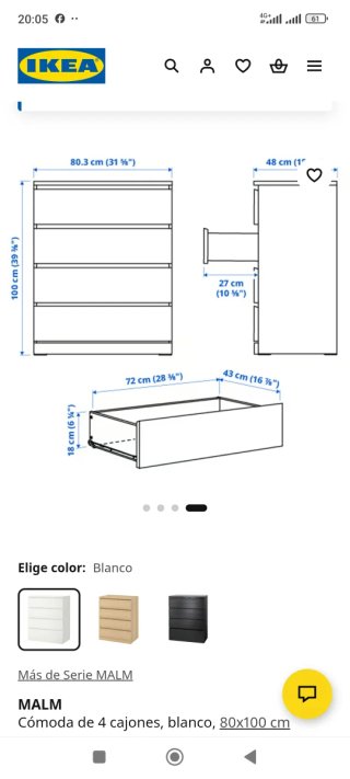 Cómoda blanca de 4 cajones IKEA, modelo MALM