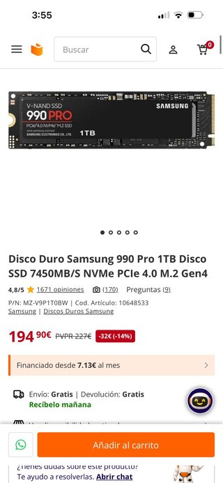 Disco Duro Samsung 990 Pro 1TB SSD NVMe PCIe 4.0
