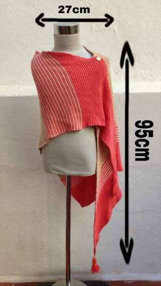 Chal tejido a mano algodón beige y rojo