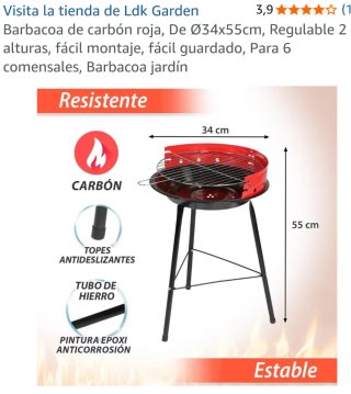 Barbacoa Carbón Roja Ø34x55cm Regulable
