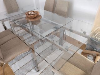 Mesa de comedor extensible de cristal y 6 sillas