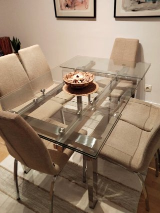 Mesa de comedor extensible de cristal y 6 sillas