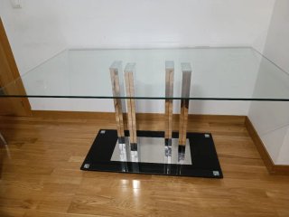 Mesa Comedor Cristal y 6 Sillas Piel Negras