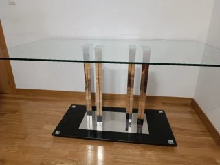 Mesa Comedor Cristal y 6 Sillas Piel Negras