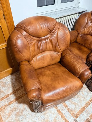 Conjunto Sofá y Sillón de piel Marrón