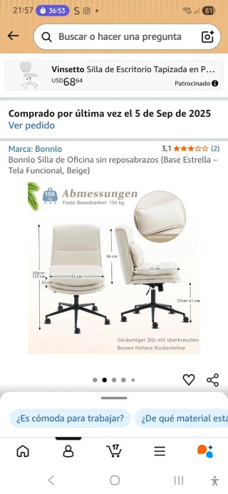Silla de escritorio con ruedas, beige,marca:Bonnlo