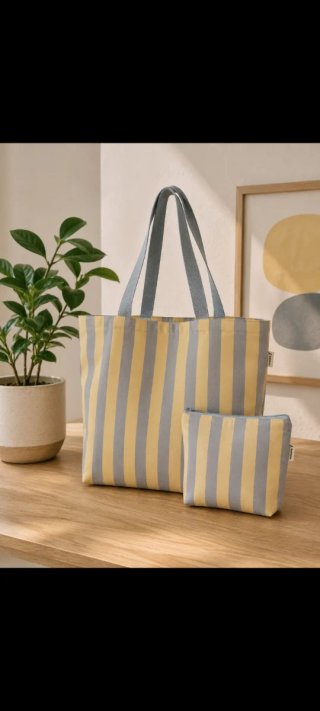 Bolso Tote Bag Rayas Gris y Amarillo