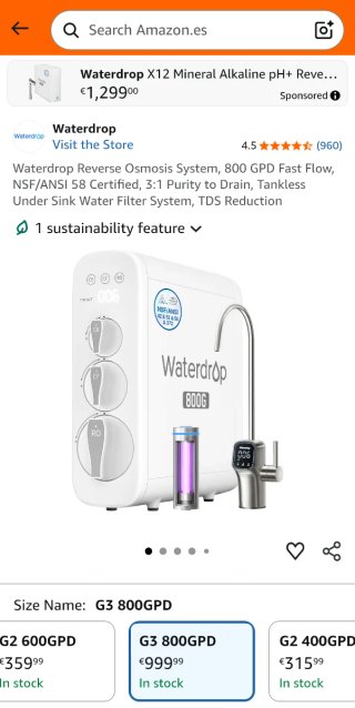 Filtro Osmosis Inversa Waterdrop G3 800GPD