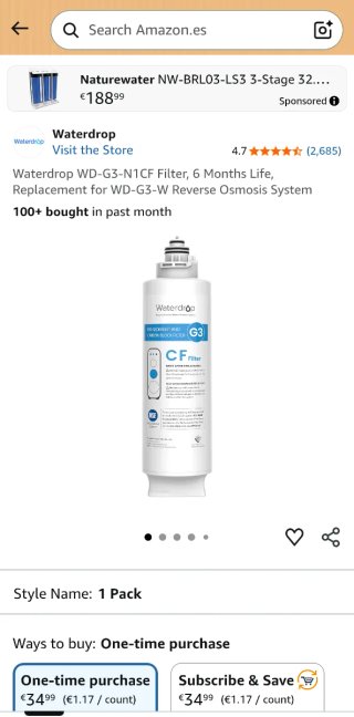 Filtro Osmosis Inversa Waterdrop G3 800GPD