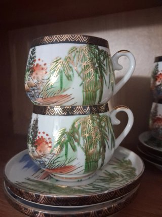 Juego de café porcelana bambú y oro
