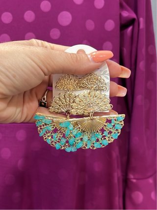 Pendientes abanico flamenca turquesa dorados