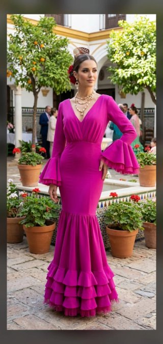 Vestido largo fucsia con volantes y diseño gasa