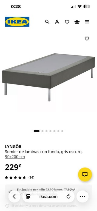 Somier IKEA LYNGÖR gris oscuro 90x200cm