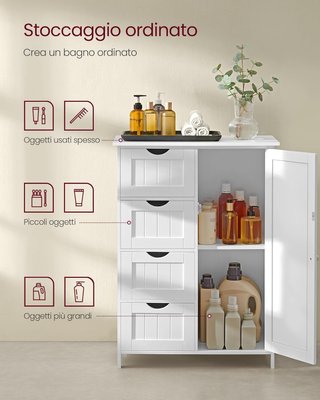 Mobile da Bagno, Mobile per Bagno Stretto, Organizzatore, Cassettiera, Con 4 Cassetti, Porta, Ripiano Regolabile 35 X 65 X 90 Cm, Bianco Nuvola LHC042W01