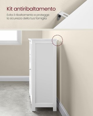 Mobile da Bagno, Mobile per Bagno Stretto, Organizzatore, Cassettiera, Con 4 Cassetti, Porta, Ripiano Regolabile 35 X 65 X 90 Cm, Bianco Nuvola LHC042W01