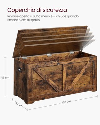 Banco, Banco de Almacenamiento, Puff Organizador Con 2 Cierres de Seguridad, Zapatero, Estilo Rústico, 40 X 100 X 46 Cm, para Pasillo, Dormitorio, Sala de Estar, Marrón Vintage LSB060T01
