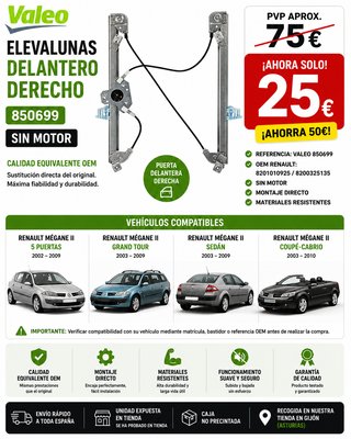 Elevalunas Delantero Derecho Renault Megane II