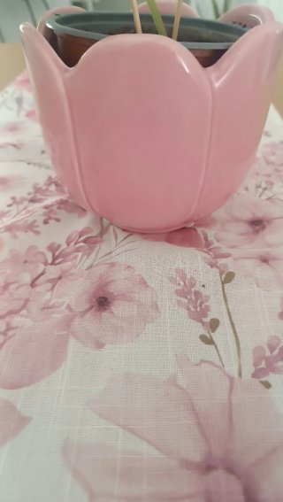 Camino de mesa floral y macetero rosa