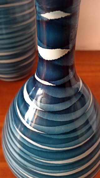 2 Jarrones Vidrio Decorado Azul y Blanco