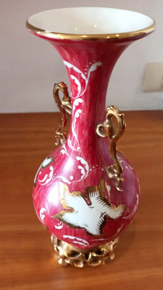 Jarrón Antiguo Cerámica Dorado y Rojo