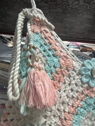 Vestido largo crochet rosa y turquesa