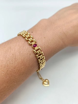 Pulsera Oro 18kt piedras rojas y colgante corazón