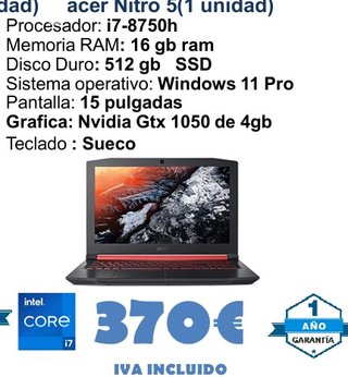 Acer Nitro 5 i7-8750h 16GB RAM 512GB SSD