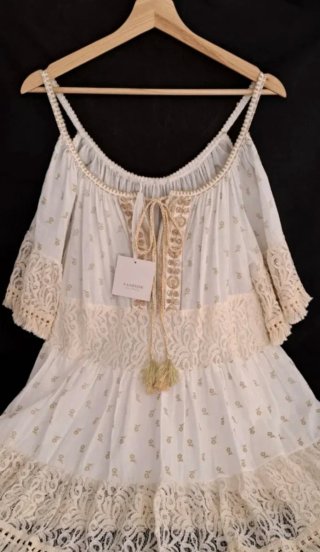 Vestido mini verano bohemio encaje playa blanco XL