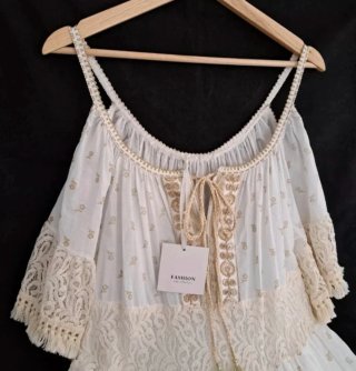 Vestido mini verano bohemio encaje playa blanco XL