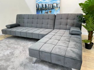 Sofá Cama Chaise Longue Gris Terciopelo