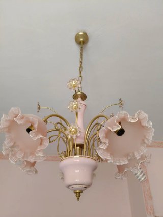 Lampadario vintage rosa e oro anni '70 sospeso