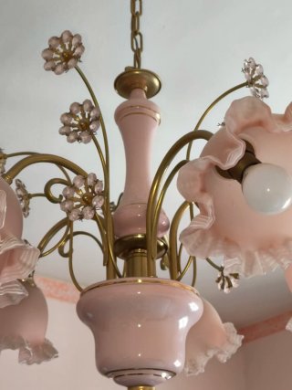 Lampadario vintage rosa e oro anni '70 sospeso