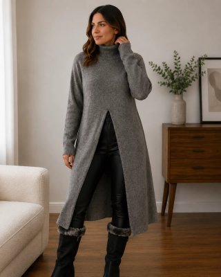 Vestido Jersey Cuello Alto Gris Talla S